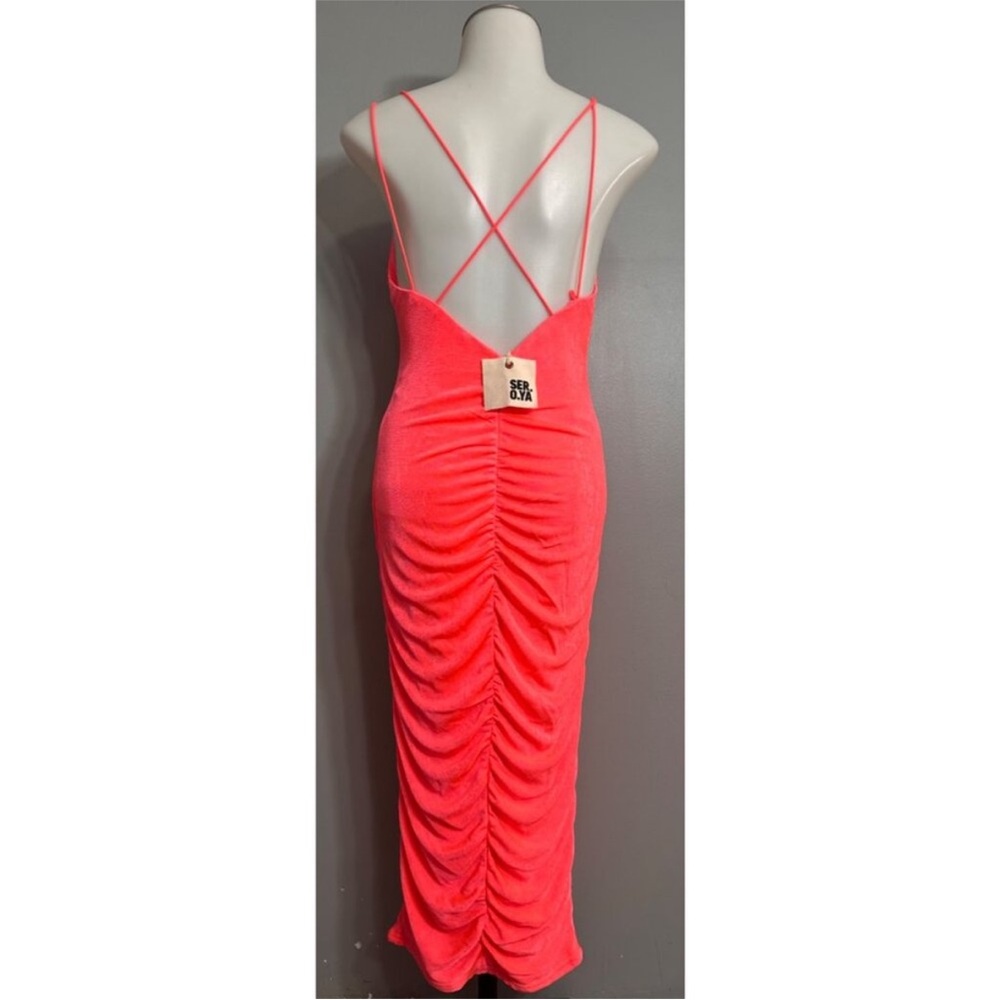 SER.O.YA Neon Coral Ruched Bodycon Midi Dress NWT S Spaghetti Strap - Picture 3 of 11